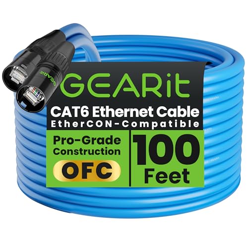GEARit Cable Ethercon CAT6 blindado (150 pies) de audio profesional e iluminación RJ45 compatible con EtherCON para estudio, escenario, conciertos, 150 pies, color negro