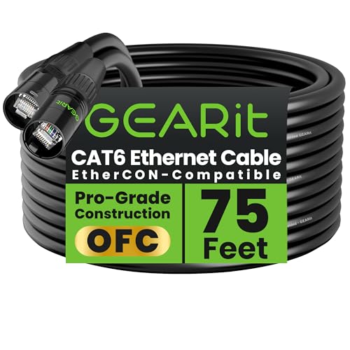 GEARit Cable Ethercon CAT6 blindado (150 pies) de audio profesional e iluminación RJ45 compatible con EtherCON para estudio, escenario, conciertos, 150 pies, color negro