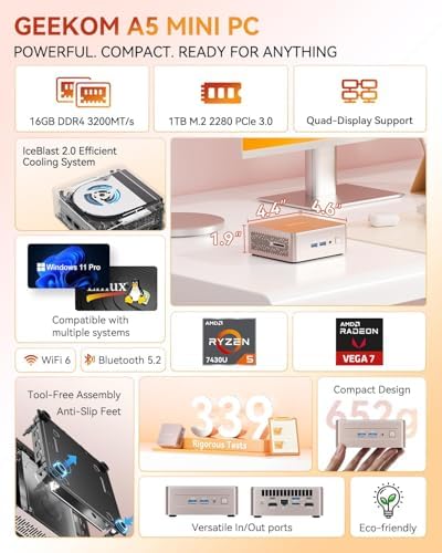 GEEKOM A5 Mini PC with AMD Ryzen 5 7430U  3 Year Coverage  16GB RAM Upgradable  Not LPDDR &512GB M 2 NVMe SSD  Windows 11 Pro Desktop Computer Support 8K/Wi Fi 6/BT 5 2/USB 3 2/SD Slot/6x USB