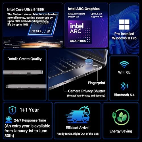 GEEKOM GeekBook X14 Pro Laptop  2 2lbs Ultra Thin 14 2 8K OLED Laptop Computer  Ultra 9 185H  32GB LPDDR5x 7500MHz RAM 2TB SSD  Up to 16 Hour  2X USB4  Fingerprint  Hub  Copilot  Windows 11 Pro