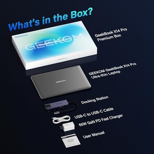 GEEKOM GeekBook X14 Pro Laptop  2 2lbs Ultra Thin 14 2 8K OLED Laptop Computer  Ultra 9 185H  32GB LPDDR5x 7500MHz RAM 2TB SSD  Up to 16 Hour  2X USB4  Fingerprint  Hub  Copilot  Windows 11 Pro