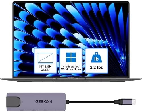 GEEKOM GeekBook X14 Pro Laptop  2 2lbs Ultra Thin 14 2 8K OLED Laptop Computer  Ultra 9 185H  32GB LPDDR5x 7500MHz RAM 1TB SSD  Up to 16 Hour  2X USB4  Fingerprint  Hub  Copilot  Windows 11 Pro