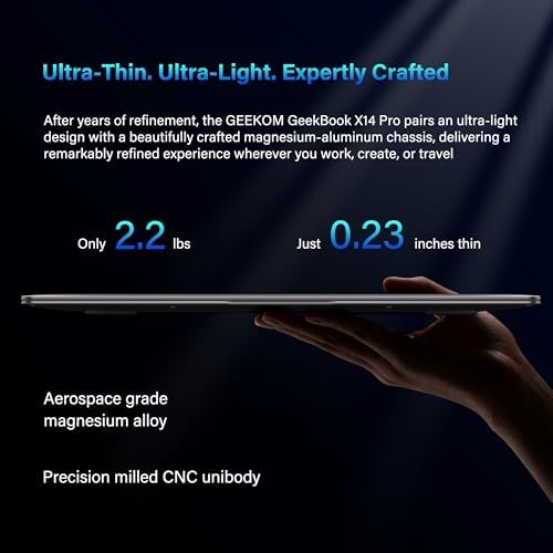 GEEKOM GeekBook X14 Pro Laptop  2 2lbs Ultra Thin 14 2 8K OLED Laptop Computer  Ultra 9 185H  32GB LPDDR5x 7500MHz RAM 1TB SSD  Up to 16 Hour  2X USB4  Fingerprint  Hub  Copilot  Windows 11 Pro