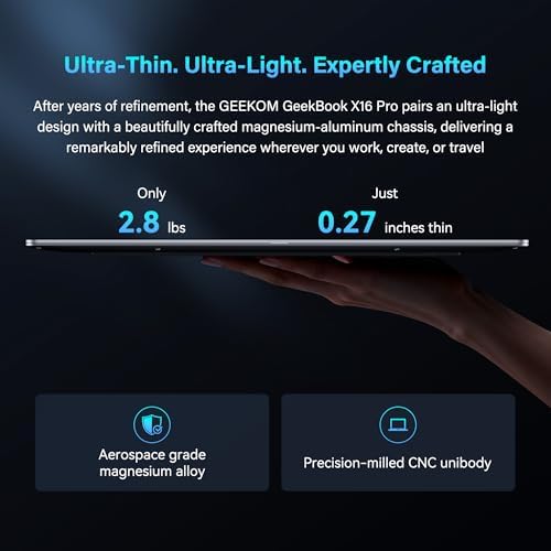 GEEKOM GeekBook X16 Pro 2 8 lbs Laptop  16 2 5K 16 10 Laptop Computer  Ultra 9 185H  32GB LPDDR5x 7500MHz RAM 2TB SSD  Up to 17 Hour  USB4  Fingerprint  DTS X Ultra Audio  Copilot  Windows 11 Pro