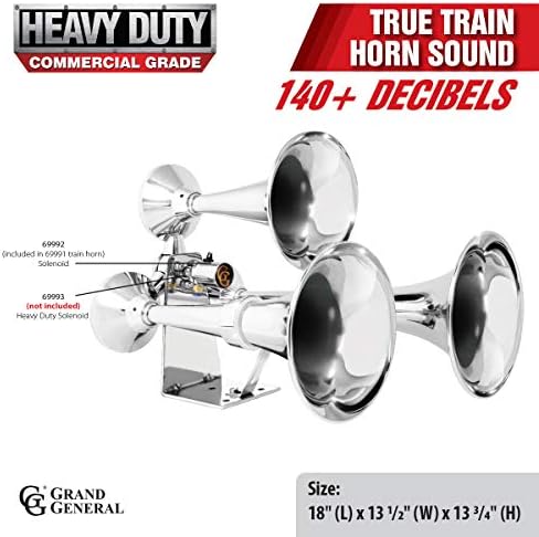 GG Grand General 69991 Chrome Heavy Duty 12/24V Train Horn with Triple Brass Trumpet for Superior Sound