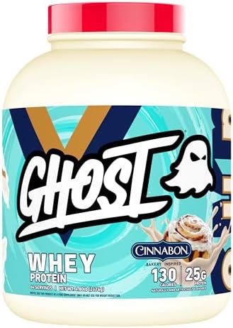 GHOST - Proteína de suero de leche en polvo, Cinnabon, 5 libras, 25 gramos de proteína, mezcla de aislado, concentrado e hidrolizado de suero de leche, sabor a rollo de canela, sin soya ni gluten