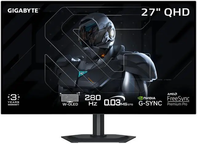 GIGABYTE 27 inch QHD 2K 1440P 280Hz with AMD FreeSync Premium Pro & G SYNC Compatible 0 03ms HDR500 USB C KVM OLED Gaming Computer Monitor with Height adjustable  Pivot  Swivel and Tilt stand MO27Q28G