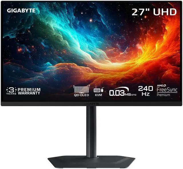 GIGABYTE 27 inch UHD 4K 240Hz with AMD FreeSync Premium Pro &  G SYNC Compatible HDR400 USB C KVM OLED Gaming Computer Monitor with Height adjustable  pivot  tilt and swivel stand MO27U2