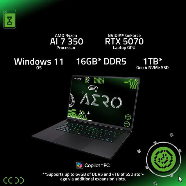 GIGABYTE AERO X16; Copilot  PC   165Hz 2560x1600 WQXGA   NVIDIA GeForce RTX 5070   AMD Ryzen AI 7 350   1TB SSD with 16GB DDR5 RAM   Windows 11 Home   Lunar White  GIGABYTE AERO X16 1WH93USC94DH