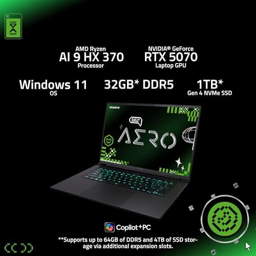 GIGABYTE AERO X16; Copilot  PC   165Hz 2560x1600 WQXGA   NVIDIA GeForce RTX 5070   AMD Ryzen AI 9 HX 370 1TB SSD with 32GB DDR5 RAM   Windows 11 Home   Space Gray AERO X16 2WHA3USC64AH