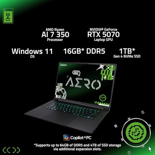 GIGABYTE AERO X16; Copilot  PC   165Hz 2560x1600 WQXGA   NVIDIA GeForce RTX 5070   AMD Ryzen AI 9 HX 370 1TB SSD with 32GB DDR5 RAM   Windows 11 Home   Space Gray AERO X16 2WHA3USC64AH