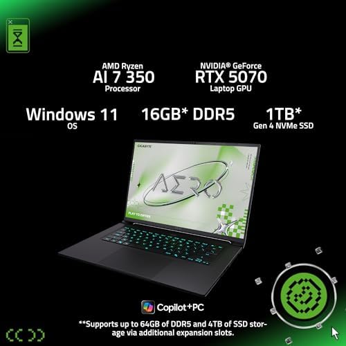 GIGABYTE AERO X16; Copilot+ PC - 165Hz 2560x1600 WQXGA - NVIDIA GeForce RTX 5070 - AMD Ryzen AI 9 HX 370-1TB SSD con 32 GB DDR5 RAM - Windows 11 Home - Gris espacial (GIGABYTE AERO X16 2WHA3USC64AH)