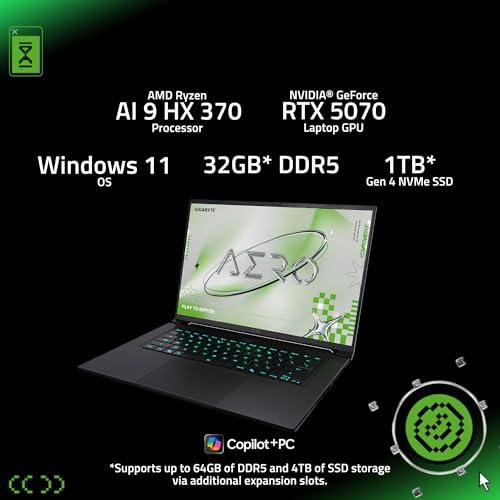 GIGABYTE AERO X16; Copilot+ PC - 165Hz 2560x1600 WQXGA - NVIDIA GeForce RTX 5070 - AMD Ryzen AI 9 HX 370-1TB SSD con 32 GB DDR5 RAM - Windows 11 Home - Gris espacial (GIGABYTE AERO X16 2WHA3USC64AH)