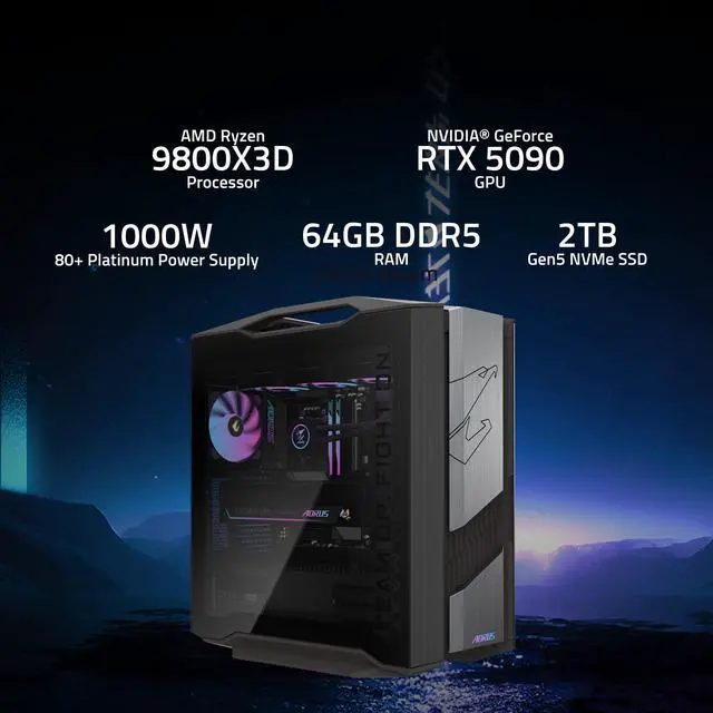 GIGABYTE AORUS SUPREME 5 Gaming Desktop PC  AMD Ryzen 7 9800X3D  AORUS RTX 5090  64GB DDR5 RAM  2TB Gen5 NVMe SSD  Windows 11 Home  Black
