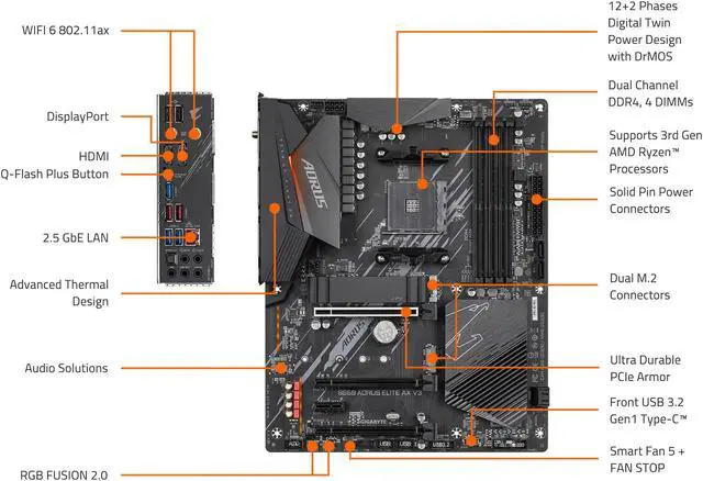 GIGABYTE B550 AORUS ELITE AX V3 AM4 AMD B550 ATX Motherboard with Dual M 2  SATA 6Gb/s  USB 3 2 Gen 2  Wi Fi 6  1GbE LAN  PCIe 4 0