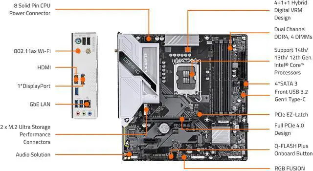 GIGABYTE B760M GAMING PLUS WIFI DDR4 LGA 1700 Intel B760 M ATX Motherboard with DDR4  2  M 2  PCIe 4 0  Front USB 3 2 Gen 1 Type C  WiFi 6 GbE LAN  Q Flash Plus  PCIe EZ Latch