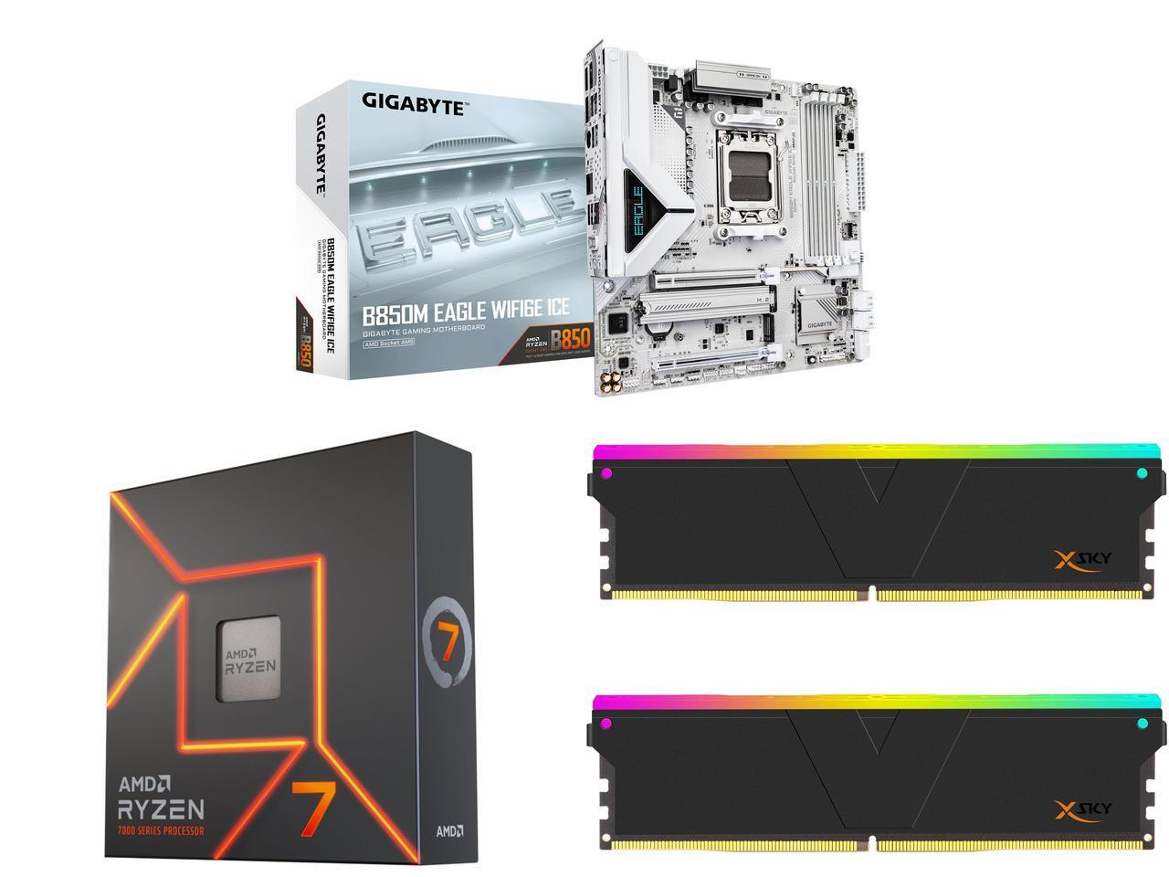 GIGABYTE B850M EAGLE WIFI6E ICE AMD AM5 Motherboard  M ATX  DDR5  2x M 2  PCIe 5 0  USB C  USB 3 2 Gen 2  WIFI6E  2 5GbE LAN  EZ Latch  Wi Fi EZ Plug AMD Ryzen 7 7700X   Zen 4 8 Core 4 5 GHz   Socket AM5   105W Desktop Processor  100 100000