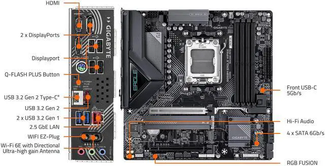 GIGABYTE B850M EAGLE WIFI6E AMD AM5 Motherboard  M ATX  DDR5  2x M 2  PCIe 5 0  USB C  USB 3 2 Gen 2  WIFI6E  2 5GbE LAN  EZ Latch  Wi Fi EZ Plug