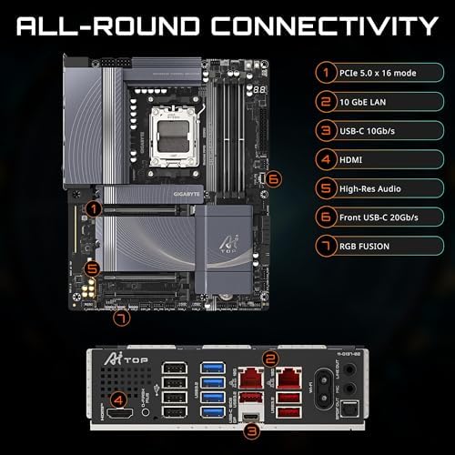 GIGABYTE B850 AI TOP AMD AM5 LGA 1718 Motherboard  ATX  DDR5  3X M 2  PCIe 5 0  USB C  WIFI7  10GbE LAN  EZ Latch  5 Year Warranty