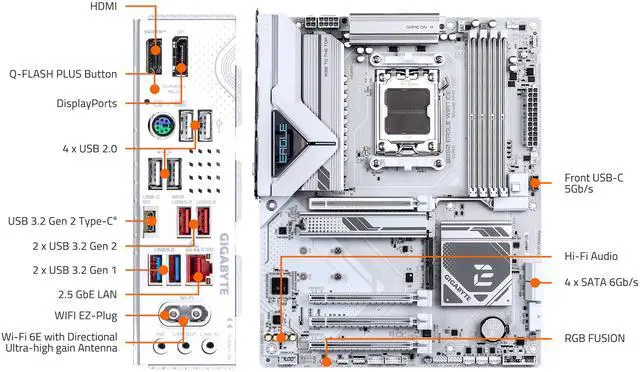 GIGABYTE B850 EAGLE WIFI7 ICE AMD AM5 LGA 1718 Motherboard  ATX  DDR5  3x M 2  PCIe 5 0  USB C  WIFI7  2 5GbE LAN  EZ Latch
