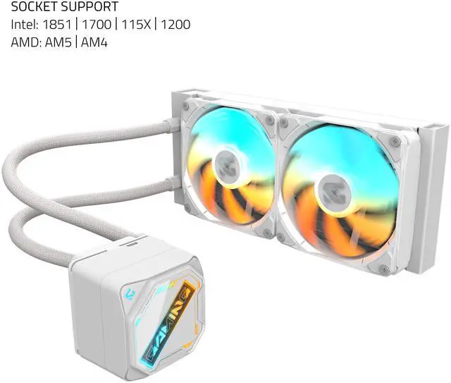 GIGABYTE GAMING 240 ICE liquid CPU Cooler  240mm Radiator with 2x 120mm low noise ARGB Fans  compatible with Intel LGA 1851  1700  115X  1200  and AMD AM5  AM4  GIGABYTE GAMING 240 ICE 