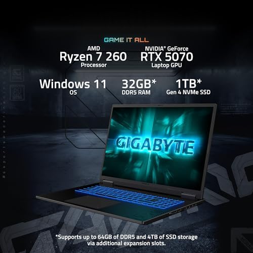 GIGABYTE Gaming A18 Gaming Laptop   165Hz 2560x1600 WQXGA   NVIDIA GeForce RTX 5070   AMD Ryzen 7 260 1TB SSD with 32GB DDR5 RAM   Windows 11 Home   Black Steel