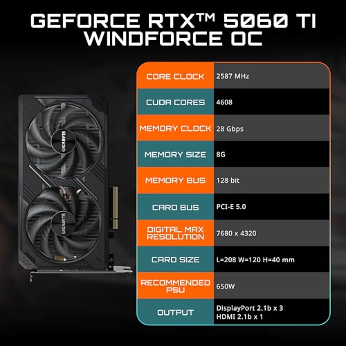 GIGABYTE GeForce RTX 5060 Ti WINDFORCE OC 8G Graphics Card  8GB 128 bit GDDR7  PCIe 5 0  WINDFORCE Cooling System  GV N506TWF2OC 8GD Video Card
