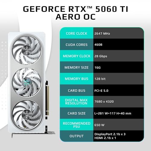 GIGABYTE Tarjeta gráfica GeForce RTX 5060 Ti AERO OC 16G, 16 GB 128 bits GDDR7, PCIe 5.0, sistema de refrigeración WINDFORCE, tarjeta de video GV-N506TAERO OC-16GD