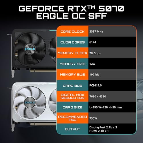 GIGABYTE GeForce RTX 5070 Eagle OC ICE SFF 12G Graphics Card  12GB 192 bit GDDR7  PCIe 5 0  WINDFORCE Cooling System  GV N5070EAGLEOC ICE 12GD Video Card