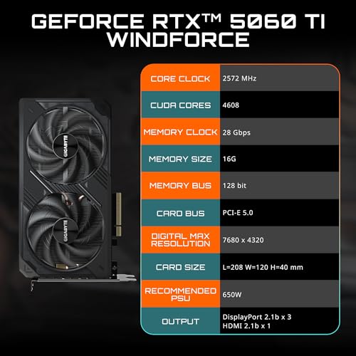 GIGABYTE GeForce RTX 5060 Ti WINDFORCE 16G Graphics Card  16GB 128 bit GDDR7  PCIe 5 0  WINDFORCE Cooling System  GV N506TWF2 16GD Video Card
