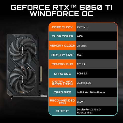 GIGABYTE GeForce RTX 5060 Ti WINDFORCE OC 16G Graphics Card  16GB 128 bit GDDR7  PCIe 5 0  WINDFORCE Cooling System  GV N506TWF2OC 16GD Video Card