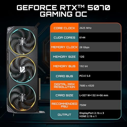 GIGABYTE GeForce RTX 5070 Gaming OC 12G Graphics Card  12GB 192 bit GDDR7  PCIe 5 0  WINDFORCE Cooling System  GV N5070GAMING OC 12GD Video Card