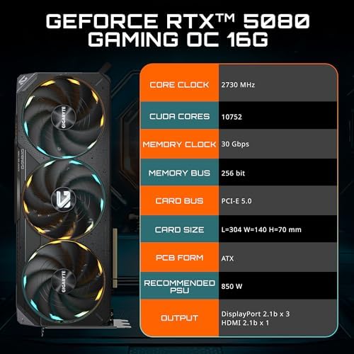 GIGABYTE GeForce RTX 5080 Gaming OC 16G Graphics Card  WINDFORCE Cooling System  16GB 256 bit GDDR7  GV N5080GAMING OC 16GD Video Card