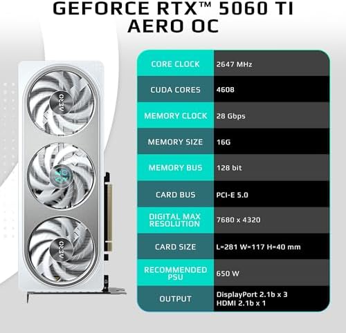 GIGABYTE GeForce RTX 5060 Ti AERO OC 16G Graphics Card  16GB 128 bit GDDR7  PCIe 5 0  WINDFORCE Cooling System  GV N506TAERO OC 16GD Video Card