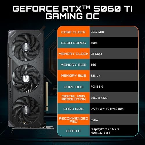 GIGABYTE GeForce RTX 5060 Ti Gaming OC 16G Graphics Card  16GB 128 bit GDDR7  PCIe 5 0  WINDFORCE Cooling System  GV N506TGAMING OC 16GD Video Card