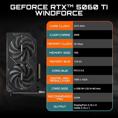 GIGABYTE GeForce RTX 5060 Ti WINDFORCE 16G Graphics Card  16GB 128 bit GDDR7  PCIe 5 0  WINDFORCE Cooling System  GV N506TWF2 16GD Video Card