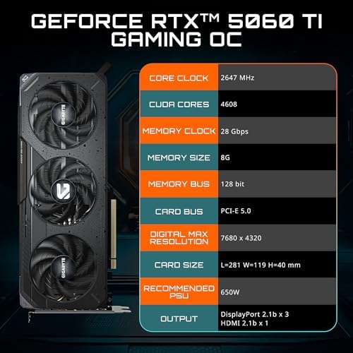 GIGABYTE GeForce RTX 5060 Ti Gaming OC 8G Graphics Card  8GB 128 bit GDDR7  PCIe 5 0  WINDFORCE Cooling System  GV N506TGAMING OC 8GD Video Card