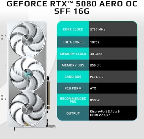 GIGABYTE GeForce RTX 5080 AERO OC SFF 16G Graphics Card  WINDFORCE Cooling System  16GB 256 bit GDDR7  GV N5080AERO OC 16GD Video Card  Compatible with Desktop