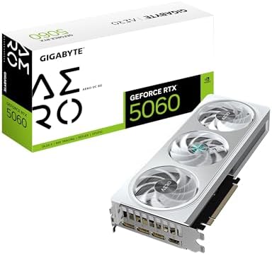 GIGABYTE GeForce RTX 5060 AERO OC 8G Graphics Card  8GB 128 bit GDDR7  PCIe 5 0  WINDFORCE Cooling System  Made by NVIDIA  DisplayPort & HDMI   Video Output Interface  GV N5060AERO OC 8GD Video Card