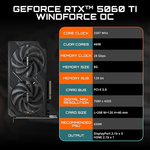 GIGABYTE - Tarjeta gráfica GeForce RTX 5060 Ti WINDFORCE OC 8G, 8GB 128-bit GDDR7, PCIe 5.0, sistema de enfriamiento WINDFORCE, tarjeta de video GV-N506TWF2OC-8GD