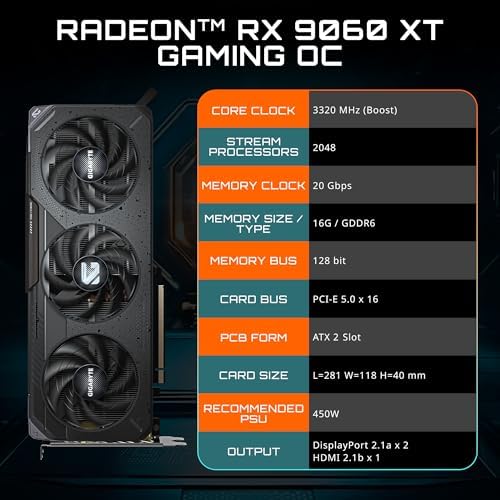GIGABYTE Tarjeta gráfica Radeon RX 9060 XT Gaming OC 16G, PCIe 5.0, 16GB GDDR6, GV-R9060XTGAMING OC-16GD Tarjeta de video
