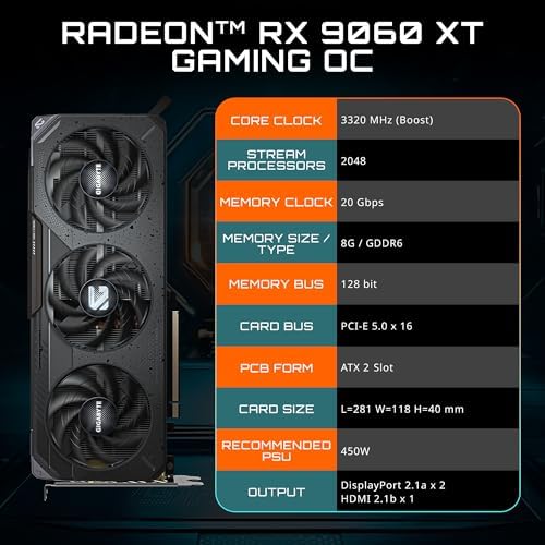 GIGABYTE Radeon RX 9060 XT Gaming OC 8G Graphics Card  PCIe 5 0  8GB GDDR6  GV R9060XTGAMING OC 8GD Video Card