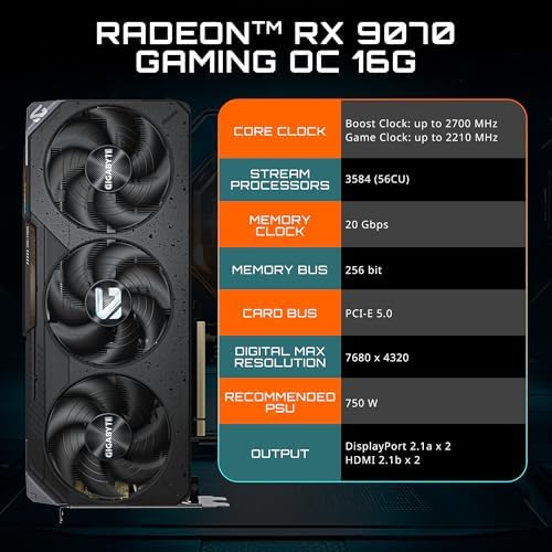 GIGABYTE Radeon RX 9070 Gaming OC 16G Graphics Card  PCIe 5 0  16GB GDDR6  GV R9070GAMING OC 16GD Video Card