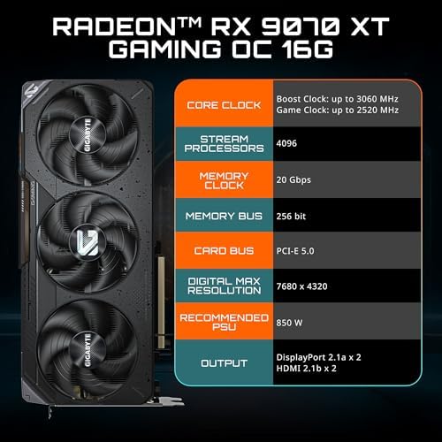 GIGABYTE Radeon RX 9070 XT Gaming OC 16G Graphics Card  PCIe 5 0  16GB GDDR6  GV R9070XTGAMING OC 16GD Video Card