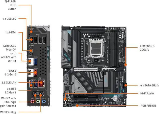 GIGABYTE X870 GAMING X WIFI7 AM5 LGA 1718, ATX, DDR5, 4x M.2, PCIe 5.0, USB4, Wi-Fi 7, LAN 2.5GbE, EZ-Latch, 5 años de garantía