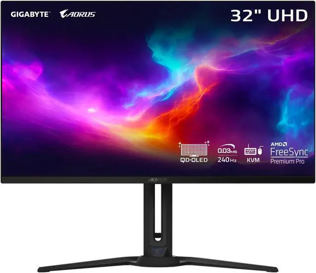 GIGABYTE   AORUS FO32U2   32" QD OLED Gaming Monitor   UHD 3840x2160   240Hz   0 03ms GTG   AMD FreeSync Premium Pro   Type C KVM   HDMI  DP  Type C   Height Adjustable   Black