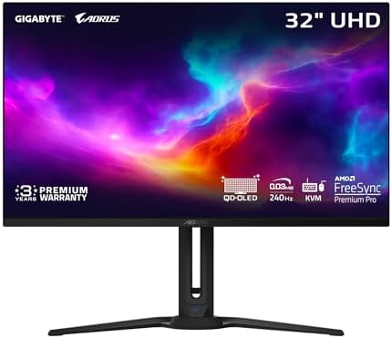 GIGABYTE   AORUS FO32U2 32 QD OLED Gaming Monitor   UHD 3840x2160 240Hz   0 03ms GTG   AMD FreeSync Premium Pro   Type C KVM   HDMI  DP  Type C   Height Adjustable   Black