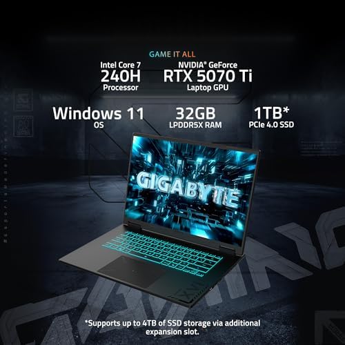 GIGABYTE   Gaming A16 PRO Gaming Laptop   165Hz 2560x1600 WQXGA   NVIDIA GeForce RTX 5080   Intel Core Ultra 7 240H   1TB SSD with 32GB LPDDR5X RAM   Windows 11 Home  Gaming A16 PRO DYHG5USCC4SH 