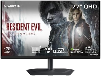 GIGABYTE   MO27Q28GR   27 W OLED Gaming Monitor   QHD 2560x1440 280Hz   0 03ms GTG   AMD FreeSync Premium Pro  G SYNC Compatible   Type C KVM   HDMI  DP  Type C   Height and Tilt Adjustable   Black