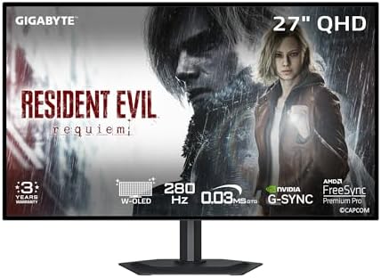 GIGABYTE   MO27Q28GR   27 W OLED Gaming Monitor   QHD 2560x1440 280Hz   0 03ms GTG   AMD FreeSync Premium Pro  G SYNC Compatible   Type C KVM   HDMI  DP  Type C   Height and Tilt Adjustable   Black
